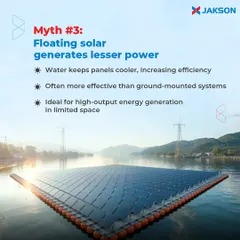 Myth: Floating solar generates less power. Fact: The cooling effect of the water keeps the panels at a lower temperature, which often increases their efficiency and makes them more effective than comparable ground-mounted systems.