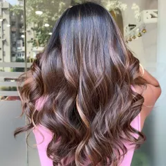 A close-up look at the seamless blend of our balayage technique. You can see how the lighter strands are woven into the darker base, creating a natural gradient with no harsh lines.