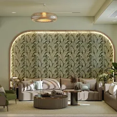 Here we explore a bolder option for the same living room, featuring a vibrant, nature-inspired wallpaper within the arched alcove. This demonstrates how our visualization service allows you to experiment with different design choices to find the one that truly reflects your personality.
