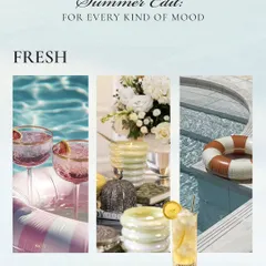 A mood board for a fresh summer day. The cool blues of the pool and refreshing drinks are the perfect visual pairing for my green-hued Daydream ceramic candles.