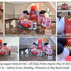 Growing up fast with a Lightning McQueen theme for Om's 4th birthday. This setup features character cutouts, a racing-themed welcome board, and a custom photo story board for a personal touch.
