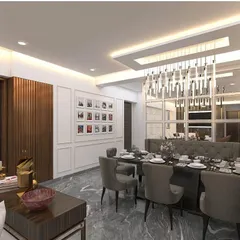This 3D render shows a luxurious dining area design. The setup includes a large dining table with comfortable upholstered chairs, a statement chandelier, and a large mirror to make the space feel grander.
