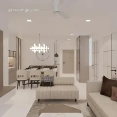 Here is a complete view of an open-concept living and dining area designed with a serene, neutral palette. The light colors, clean lines, and statement chandelier over the dining table create a sense of understated luxury and spaciousness.