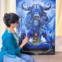 Here I am with the finished Mahadev painting, adding the final touches. The piece is quite large, allowing for a great level of detail in his expression and the powerful form of Nandi behind him.