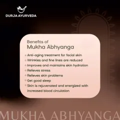 This graphic lists the many benefits of Mukha Abhyanga. From reducing fine lines and relieving skin problems to promoting good sleep, this facial massage rejuvenates and energizes the skin.