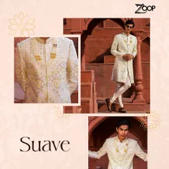 The Jazbaat Collection is defined by suave elegance. This collage showcases an intricately embroidered sherwani, perfect for a groom looking to make a sophisticated statement.