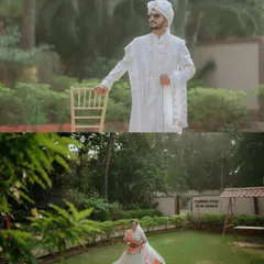 A diptych of the bride and groom on their wedding day. These individual portraits in a beautiful garden setting capture their elegance and anticipation before the ceremony.