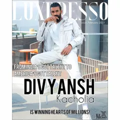 The cover for Luxpresso Magazine featuring beatboxer Divyansh Kacholia. This shoot took place on a modern rooftop, using an all-white theme to create a clean, fresh, and impactful artist portrait.