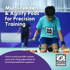 We train with the best tech. Multi feeders for consistent shot practice and agility pods for lightning fast footwork help our players develop precision and speed on our BWF certified courts.