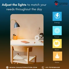 We program custom lighting modes tailored to your daily needs. This graphic shows presets like "Energy," "Focus," "Read," and "Relax," which adjust your lights to the optimal setting for each activity with a single tap.