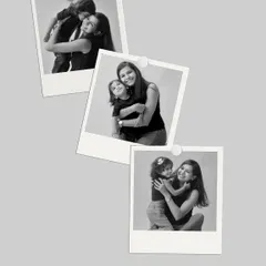 A duplicate of image 15, this collage of three black and white polaroid-style photos captures the loving and playful hugs between a mother and her daughter.