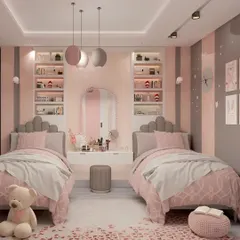 I designed this shared bedroom for two sisters, using a soft pink and grey palette. The symmetrical layout with a shared central vanity creates a sense of harmony, while individual beds provide personal space.