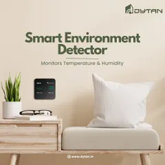 My smart environment detector, shown here on a bedside table, constantly monitors the temperature and humidity in your room. This ensures your personal space is always at an optimal level for healthy living and restful sleep.