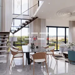 Another perspective of the Dwarkadhish Enclave living space. This view showcases the interplay between the dining area and the floating staircase, which acts as a sculptural element. Decorative birds on the wall add a touch of whimsy and movement to the serene design.