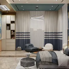 This view showcases the cozy reading and play corner, complete with comfortable, modern floor chairs and custom two-toned curtains. The raised platform helps to define the play zone from the rest of the room.