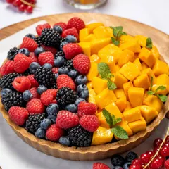 Can’t decide between fruity and tropical? You don’t have to. My Half & Half Signature Chocolate Pudding Tart is loaded with fresh Alphonso mangoes on one side and a medley of summer berries on the other.