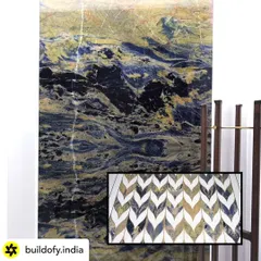 We used a spectacular slab of Lapis Lazuli as a feature wall in the master bedroom. The deep blues and gold veins of the stone, paired with a custom brass and marble inlay floor, create an atmosphere of pure opulence.