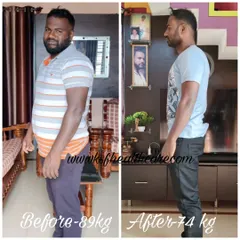 A side profile view of Mr. Devraj's transformation. Notice the significant reduction in belly fat and improved posture. This is a direct result of a consistent, natural diet and a structured exercise plan, without any crash diets or powders.