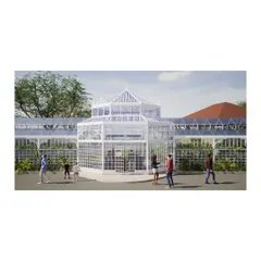 This render shows the reimagined glasshouse, part of our adaptive reuse plan for an 18th-century palace complex. The project turns underutilized spaces into a recreational destination with markets, nurseries, and restaurants.