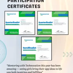 This image displays the official Quarterfinalist and Semifinalist certificates my students earned at the Technovation Girls competition. These achievements are a direct result of their hard work in bringing their app ideas to life.