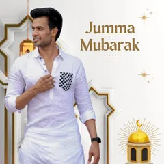 Jumma Mubarak. A model in a modern white kurta with a checkered pocket, ready for Friday prayers. This outfit is a perfect blend of contemporary style and traditional observance.