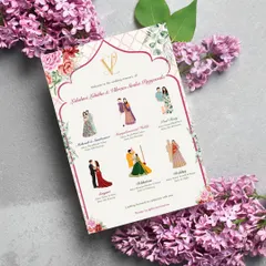 A beautifully illustrated wardrobe planner that outlines the dress code for each wedding event. From the Sangeet to the Wedding, custom couple illustrations showcase the suggested attire, all framed by elegant floral designs.