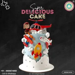 Soar to new heights with this aviation-themed cake. It's perfect for a little pilot's birthday, featuring a helicopter, rocket, and airplanes flying through fluffy fondant clouds.