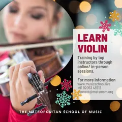 Learn the violin with our top instructors through either online or in-person sessions. This image captures the elegance and focus required to master the instrument, a journey we guide you on every step of the way.