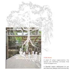 The now-revitalized IF.BE space, with the Banyan tree at its heart. The project is a flexible canvas for art, architecture, and design, inviting users and curators to formulate their own conversations with the space's unique light, volume, and material.