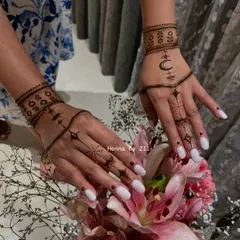 For the modern client who loves a clean aesthetic, this celestial-themed mehendi is perfect. It features delicate stars, a crescent moon, and minimalist line work on the fingers and wrist, creating a chic and contemporary look.