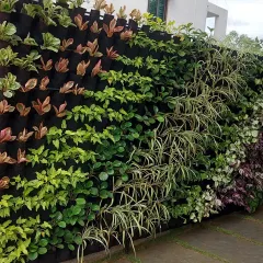 A modular vertical garden system installed against a wall. This shows the versatility of the system, allowing for creative patterns with different types of plants.