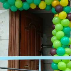 A simple and vibrant balloon arch decoration for an entrance. The mix of green, yellow, and dark purple balloons adds a festive touch to the doorway, welcoming guests to the party.