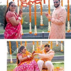A collage of a fun-filled Haldi ceremony, with the couple playfully applying haldi and posing for the camera.