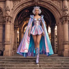 A full-length view of the 'Cosmic Cyber Fairy Princess' outfit, showcasing the dramatic cape and matching holographic boots. This AI-generated image provides a complete head-to-toe look for a digital campaign.