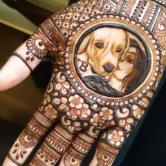 Our furry friends are family, and it was a joy to create this portrait of a bride with her beloved dog, Bruno. This piece is a perfect example of how we can include any loved one in your mehndi, creating a memory that lasts forever.