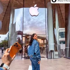 A creative shot outside the Apple store, teasing the new iPhone 17 Pro. I use clever editing to build hype and showcase the product in a visually interesting way.