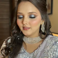 Another angle of the glittery eye makeup, a technique I teach in my advanced workshops for creating high-impact party looks.