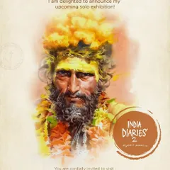 This is the announcement for my upcoming solo exhibition, "India Diaries: 2," at the prestigious Jehangir Art Gallery in Mumbai. The portrait featured is a watercolour piece that embodies the cultural storytelling central to my work.