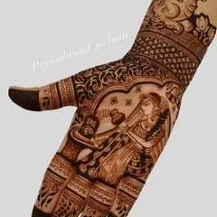 This Sawan-themed mehandi shows a devotee performing 'abhishek' on a Shivling, with Nandi the bull watching over. It's a complete scene drawn with henna.