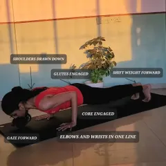 This is a breakdown of Chaturanga Dandasana. Proper alignment, like keeping your elbows in and core engaged, is crucial for building strength safely and preparing the body for arm balances.