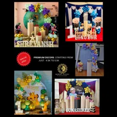 Our premium decor packages, starting from 4k to 5.5k, offer more elaborate themed setups. This collage showcases examples like the Krishna and Boss Baby themes, providing great value for a stunning party.
