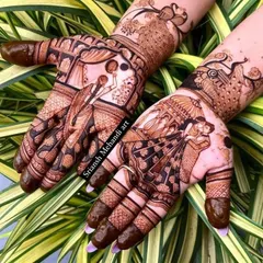 A beautiful and intricate design perfect for Karwachauth or any festive occasion. It combines romantic couple scenes with traditional peacock and doli motifs.