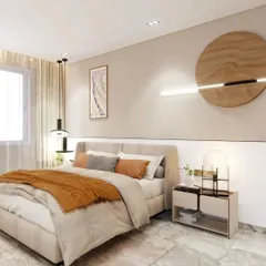 A serene and minimalist bedroom with beige and off-white tones. The wall features a unique circular wooden art piece with an integrated horizontal light, creating a soft, ambient glow.