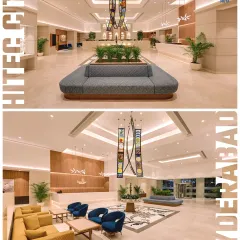 First impressions are everything. We designed the entrance lobby for Lemontree Premier in Hitec City, Hyderabad, as a bright, expansive space featuring a stunning central art installation, setting a tone of modern luxury from the moment you walk in.