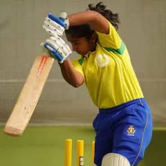 Mithila Vinod perfecting her batting technique in our indoor nets. Her determination and focus were evident from a very young age.