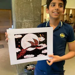 The level of detail and artistry that comes out of our woodcut workshops is always amazing. This young artist created a powerful image of a phoenix, mastering the carving technique to produce a bold, professional-quality print.