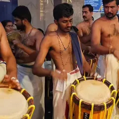 A performance during the Mandala masa festival at Ulsoor Ayyappan Temple, Bangalore. This image captures the synchronized power of the Chenda and the shimmering rhythm of the Ilathaalam.