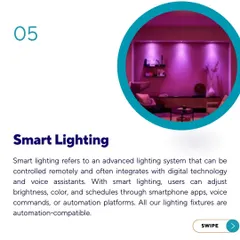 Our smart lighting systems are fully compatible with modern automation platforms. This graphic highlights how we integrate fixtures that can be controlled remotely to adjust color and brightness, enhancing both aesthetics and energy efficiency.