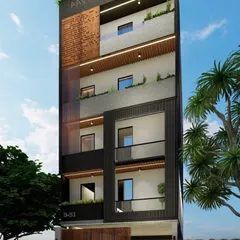 This is a concept for a tall, narrow residential building. The facade design breaks up the verticality with cantilevered balconies, perforated metal screens, and integrated planters. The goal is to create a modern and dynamic exterior that still feels connected to nature.