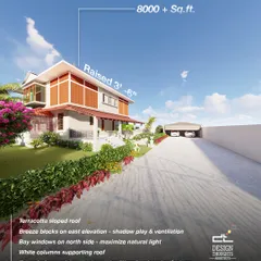 A side view of the 8000+ sq. ft. Kerala-style farmhouse, detailing its features. The home is raised for grandeur and flood safety, and uses breeze blocks and bay windows to maximize natural light and ventilation.